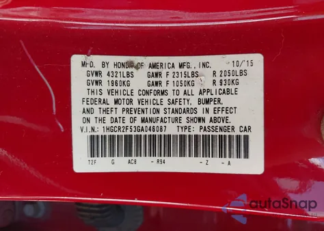 2016 Honda Accord Sport z USA, uszkodzony, nr VIN 1HGCR2F53GA046087